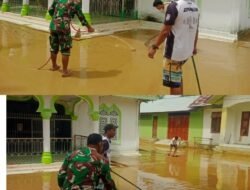 Tanpa Kenal Lelah Babinsa Koramil 04/Meureubo Pimpin Warga Berjibaku Bersihkan Lumpur Sisa Banjir di Area Masjid Pasi Aceh Tunong