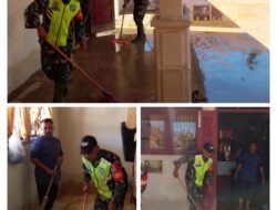 Koramil 08/Arongan Lambalek Gelar Gotong Royong Bersihkan Lingkungan Sekolah di Desa Puribue Pasca Banjir