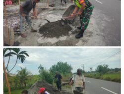 Babinsa Koramil 07/Johan Pahlawan Bantu Warga Membuat Talud Jalan