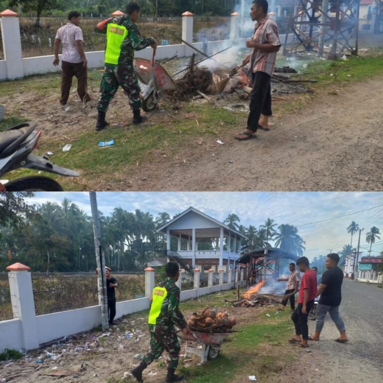 Babinsa Bersama Warga Desa Kubu Gotong Royong Bersihkan Jalan di Bulan Suci Ramadhan