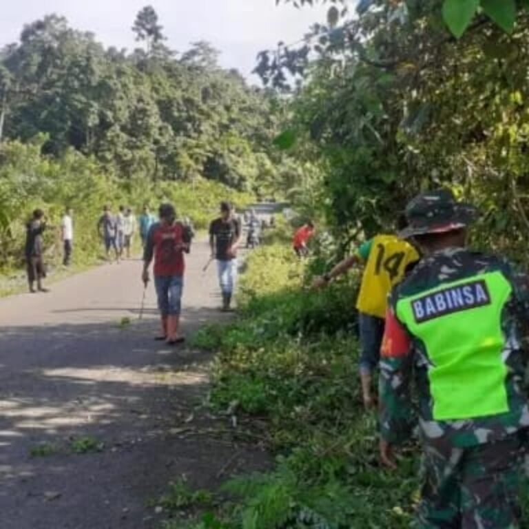 Babinsa Koramil 06/Teluk Dalam Kodim 0115/Simeulue Jajaran Korem 012/TU Gotong Royong Bersihkan Bahu Jalan