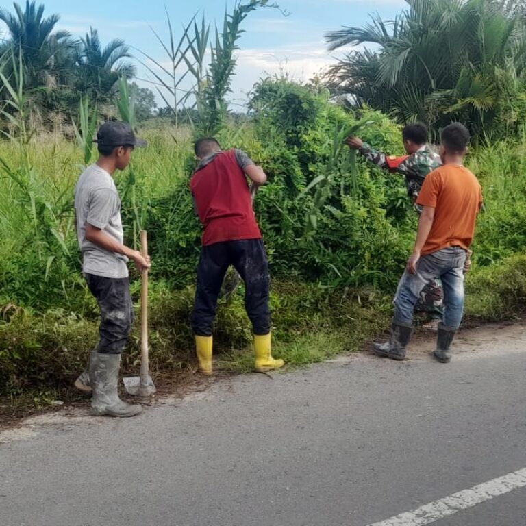 Koramil Teunom dan Posramil Pasie Raya Bersama Warga Bersihkan Badan Jalan Desa