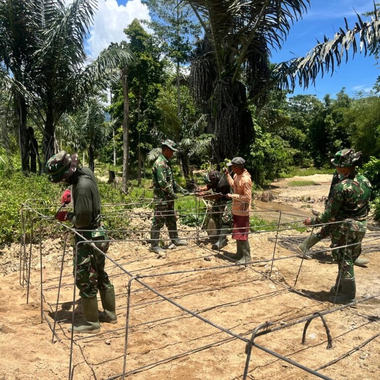 Sengatan Matahari Tak Surutkan Semangat TNI-Warga Bangun Jembatan Perintis Garuda