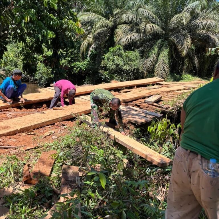 Babinsa Nanga Tayap Bersama Warga Gotong Royong Perbaiki Jembatan Penghubung Antar Desa