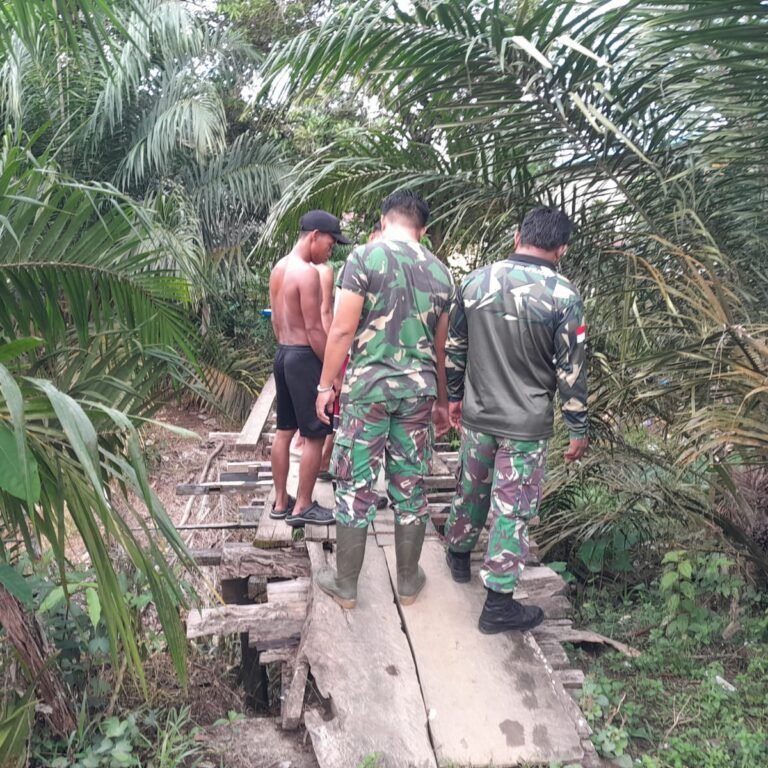 Babinsa Koramil Simpang Hulu Bersama Warga Gotong Royong Perbaiki Jembatan Akses Kebun