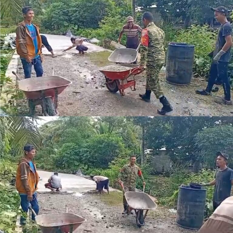 Wujud Kemanunggalan TNI-Rakyat, Babinsa Bersama Warga Cor Jalan Kampung di Aceh Barat