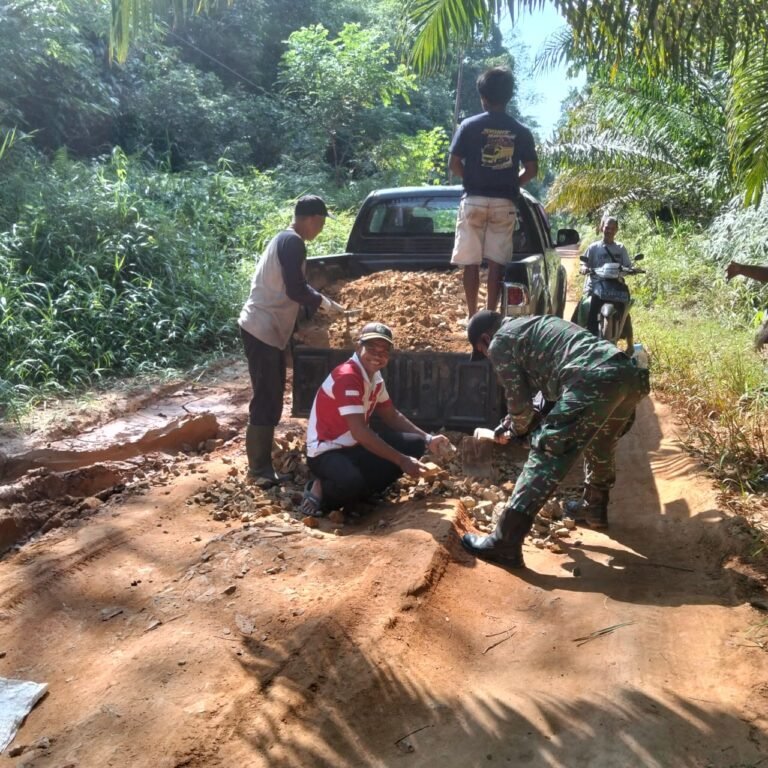 Tingkatkan Akses Jalan Desa, Babinsa Koramil 1203-05/Sungai Laur Bersama Warga Gelar Gotong Royong