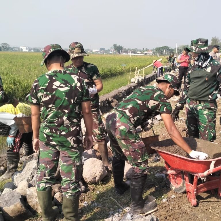 Satgas TMMD dan Masyarakat Gotong Royong Selesaikan Talud Sepanjang Persawahan Parangjoro