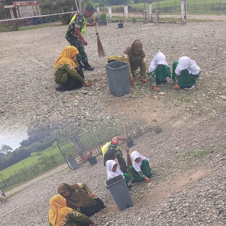 Gotong Royong di Madrasah, Babinsa Samatiga Perkuat Pendidikan Karakter dan Peduli Lingkungan