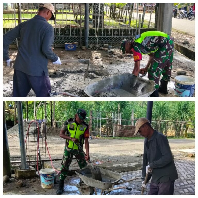 Mengaduk Semen Jadi Cara Babinsa Sungai Mas Berbagi Tenaga dengan Warga Tanoh Merah