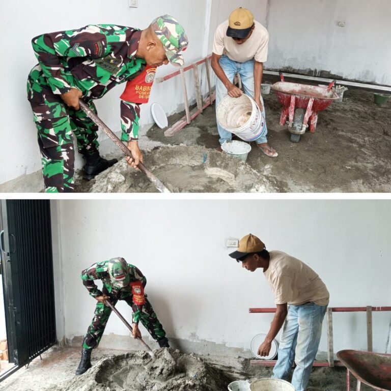 Campuran Pasir dan Semen Diaduk Bersama, Karya Bakti Babinsa Berlangsung di Rumah Warga