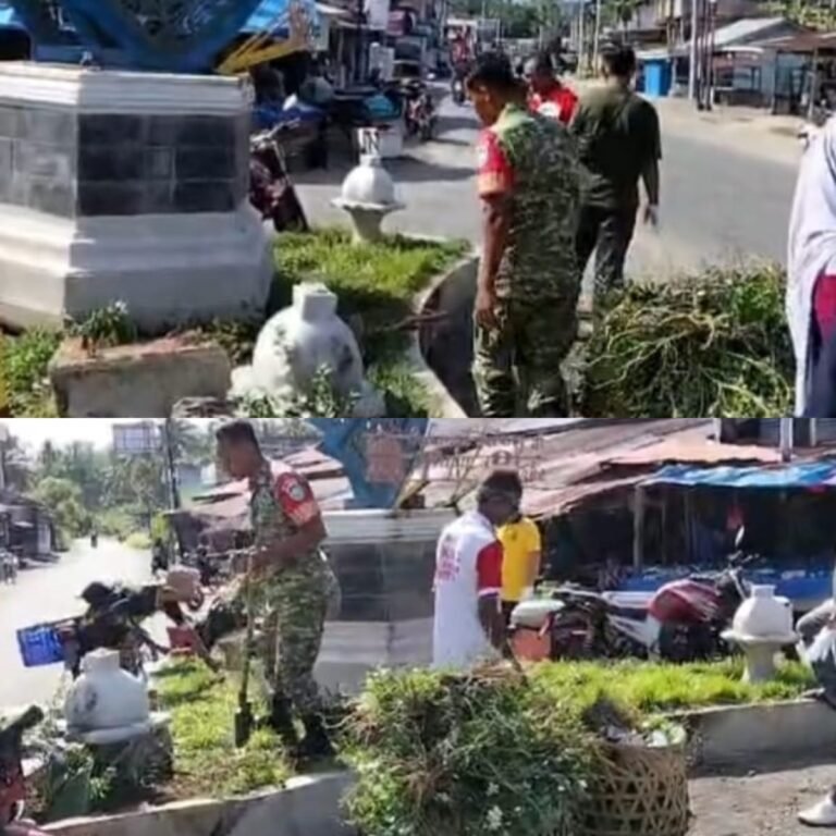 Anggota Koramil 08/Arongan Lambalek Bersihkan Kawasan Pekan Teupin Peuraho